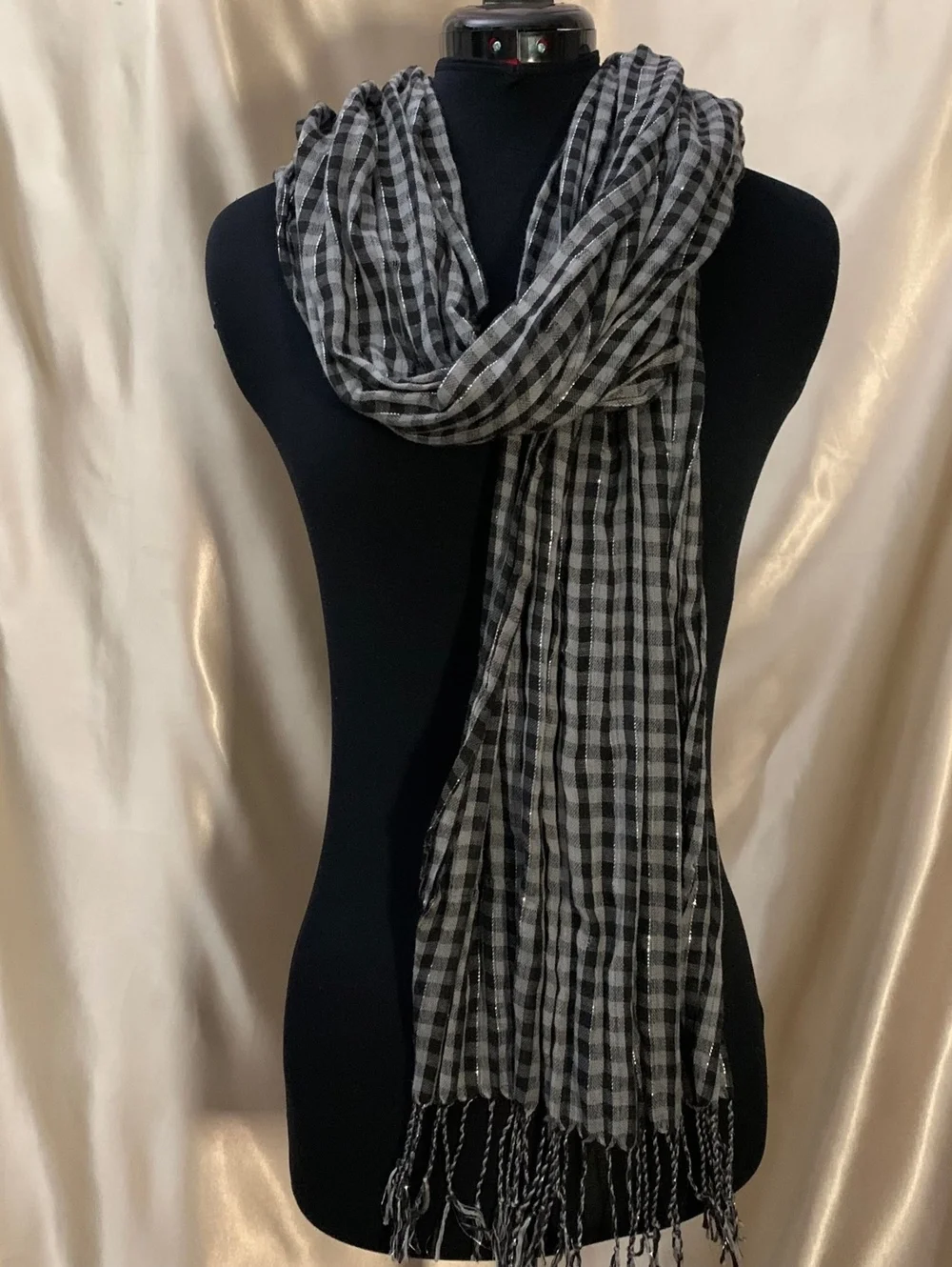 Black Gray Checkered Gingham Plaid Scarf Silver Metallic Stripe Fringe Emo
